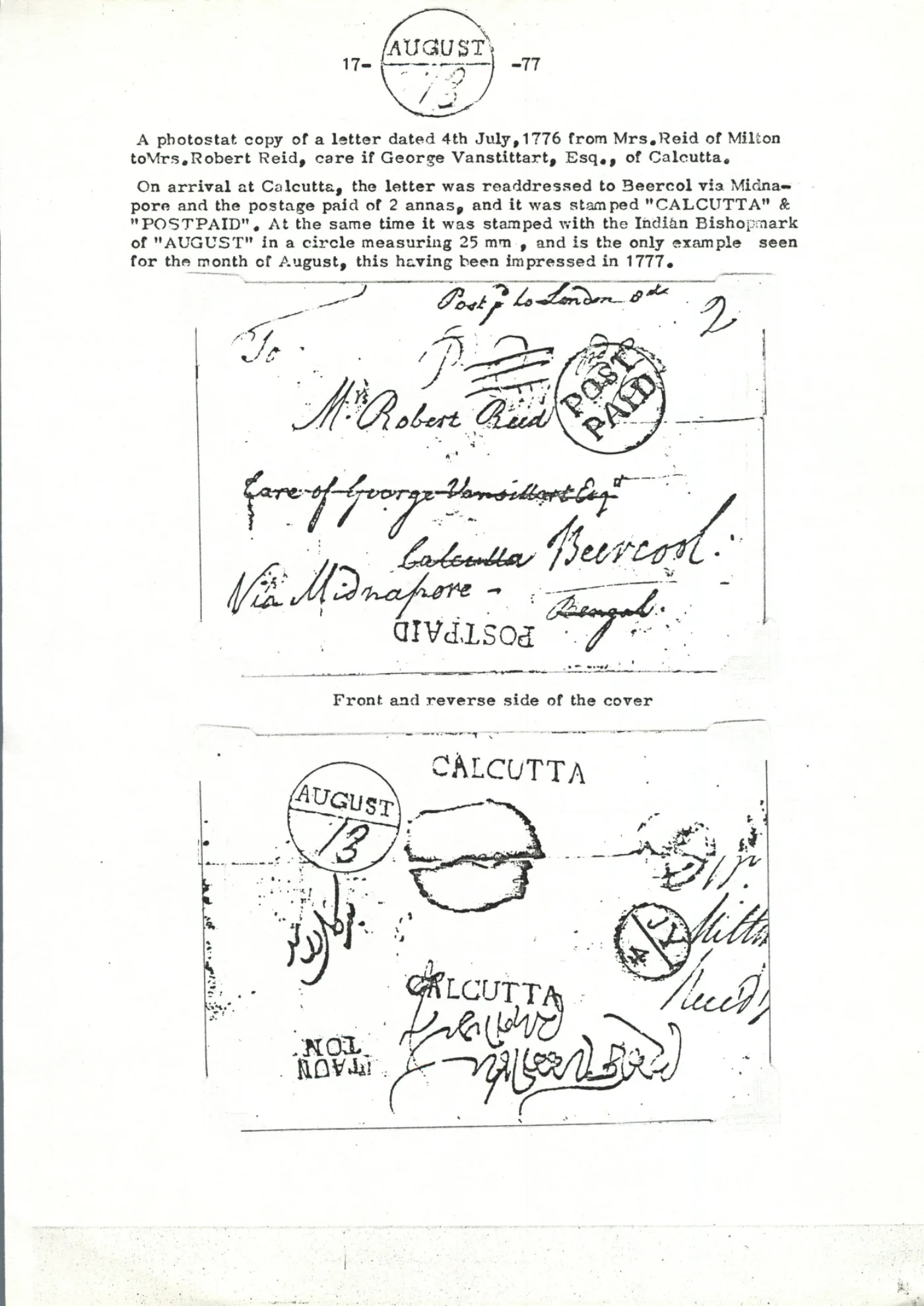 Giles reference plate — Calcutta X12, December 1776 — Calcutta to Murshidabad