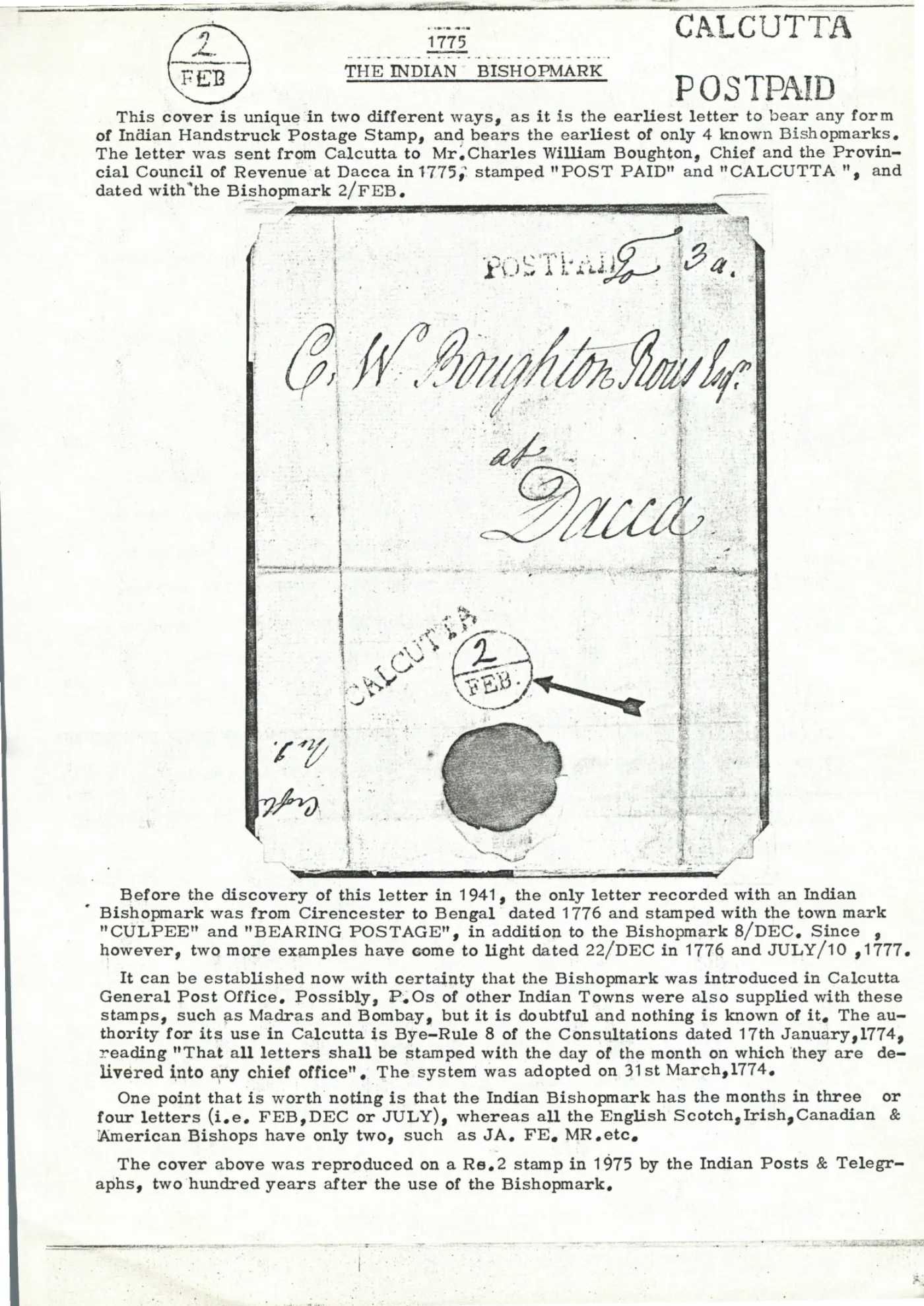 Giles reference plate — Calcutta X2, February 1775 — Calcutta to Dacca
