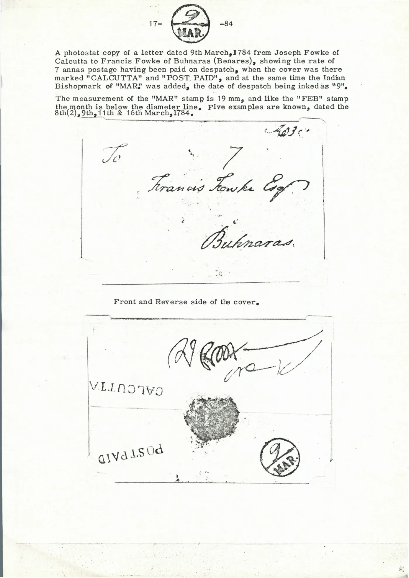 Giles reference plate — Calcutta X3, March 1784 — Calcutta to Benares