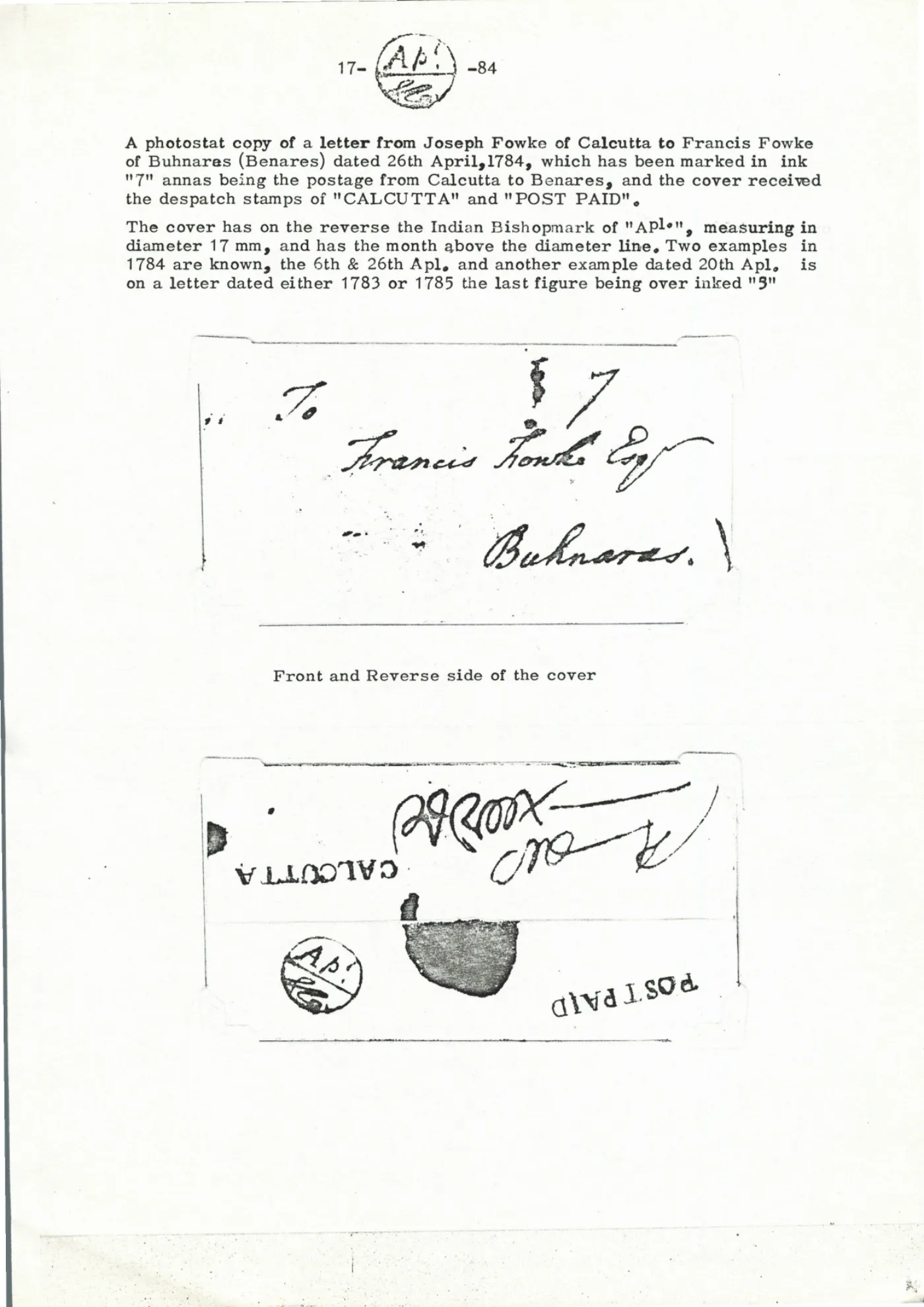 Giles reference plate — Calcutta X4, April 1784 — Calcutta to Benares