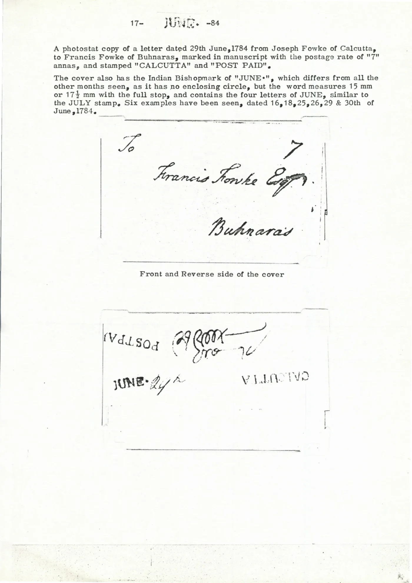 Calcutta X6 Bishop-mark cover — 29 June 1784 — Calcutta to Benares