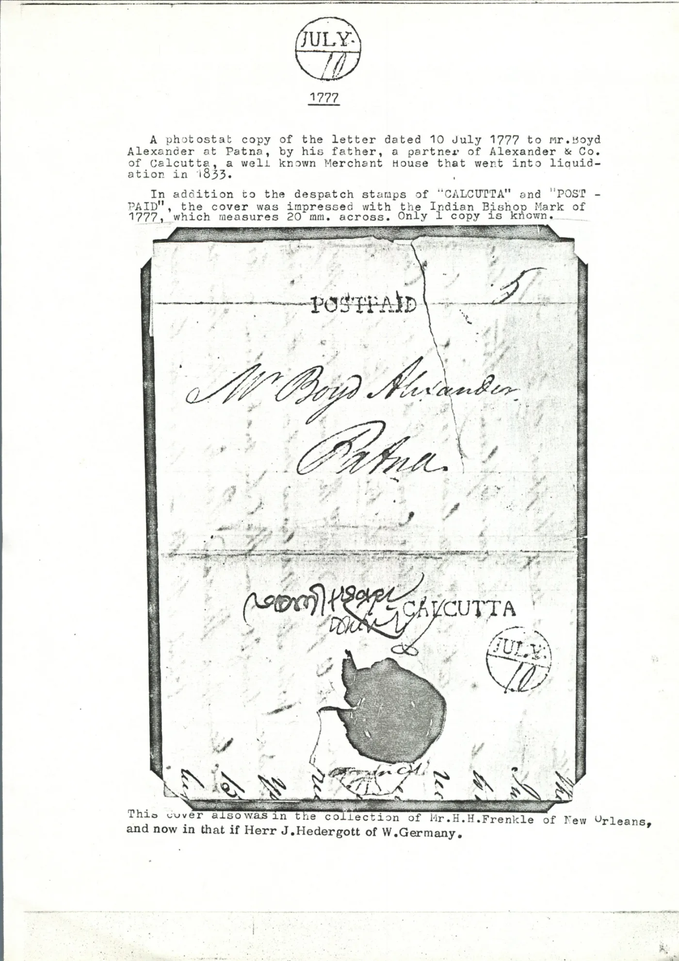 Giles reference plate — Calcutta X7, July 1777 — Calcutta to Patna