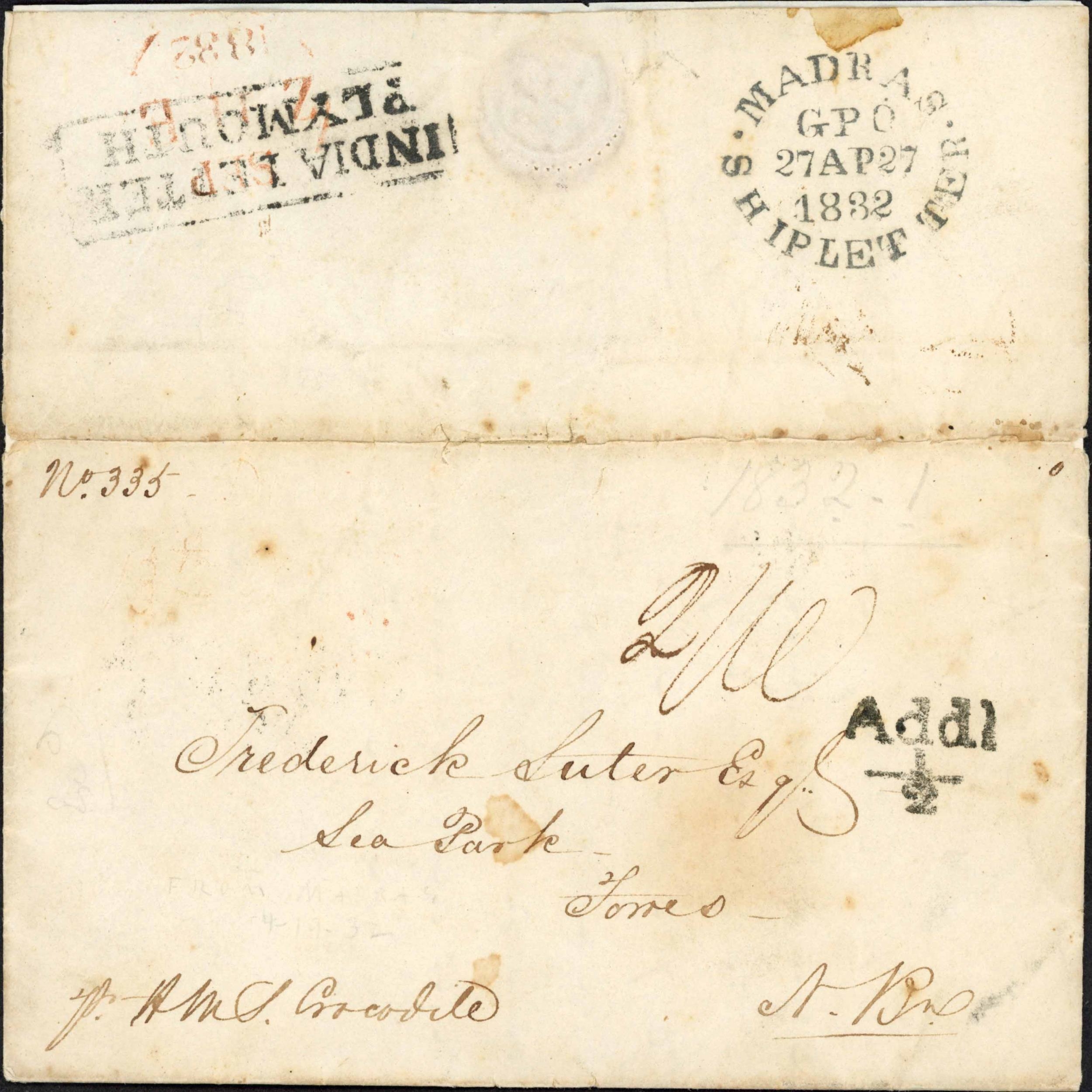 Pre-stamp cover of India — Madras SD13, COV-4889, 1832