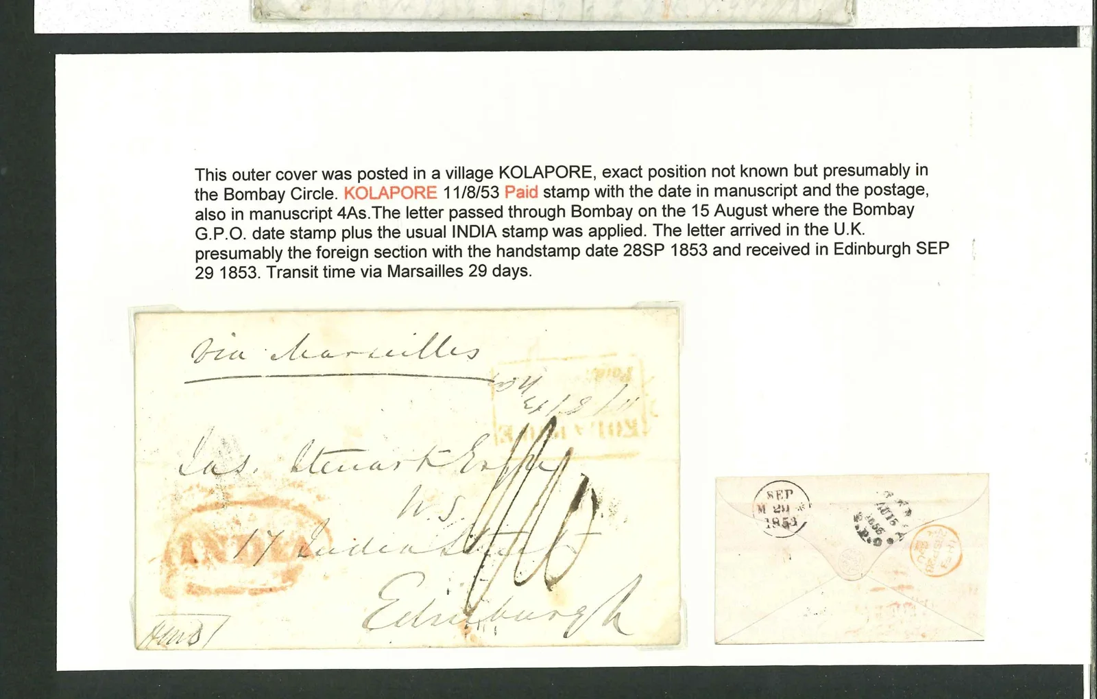 Pre-stamp cover of India — Kolapore HG 1, COV-5008, 11 August 1853