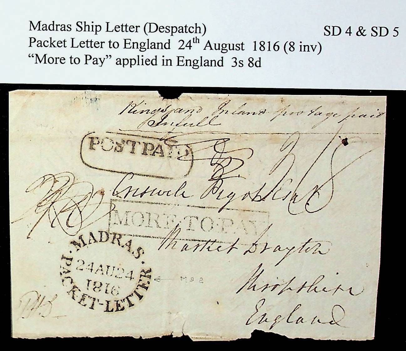 Madras SD4 pre-1854 cover, Sephils lot 0108