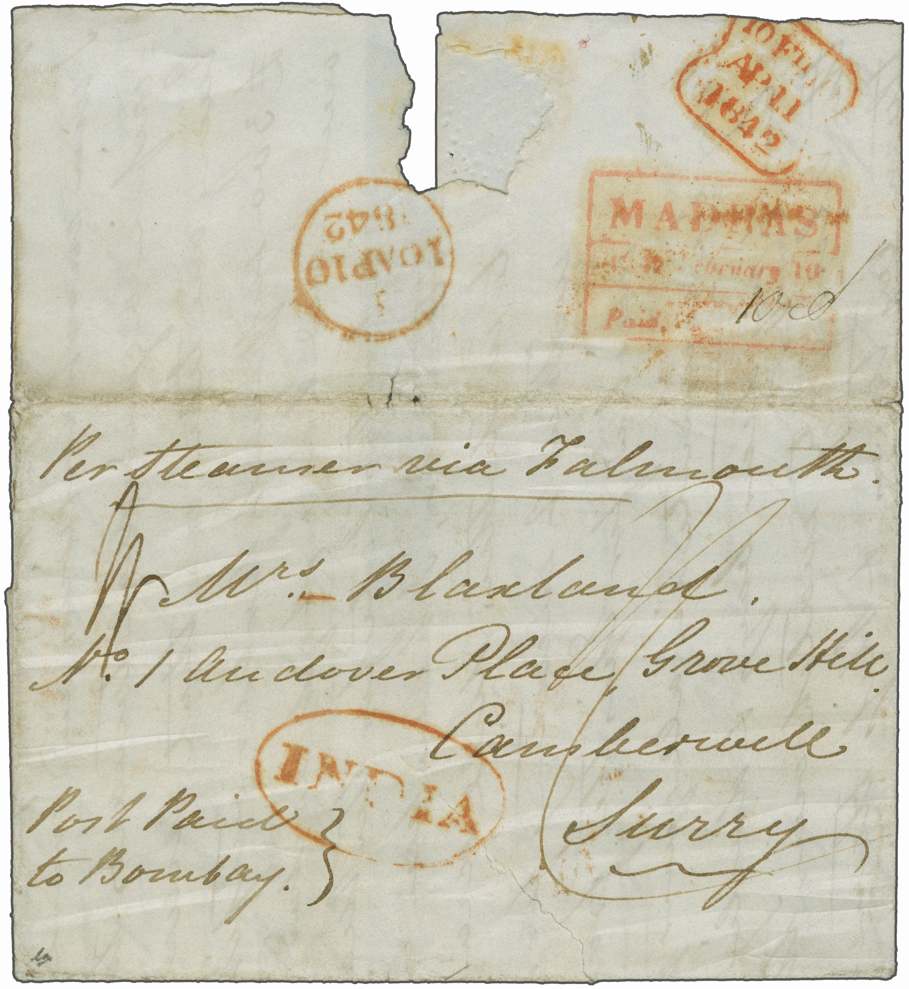Madras HG 19 pre-1854 cover, Corinphila Auctions lot 6026