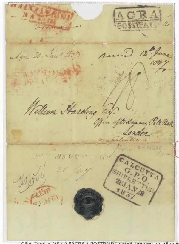 Pre-stamp cover of India — Agra HG 1, COV-4398, 20 January 1837