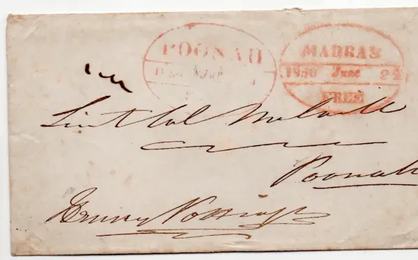 Pre-stamp cover of India — Poona HG 11, COV-4525, 21 June 1850