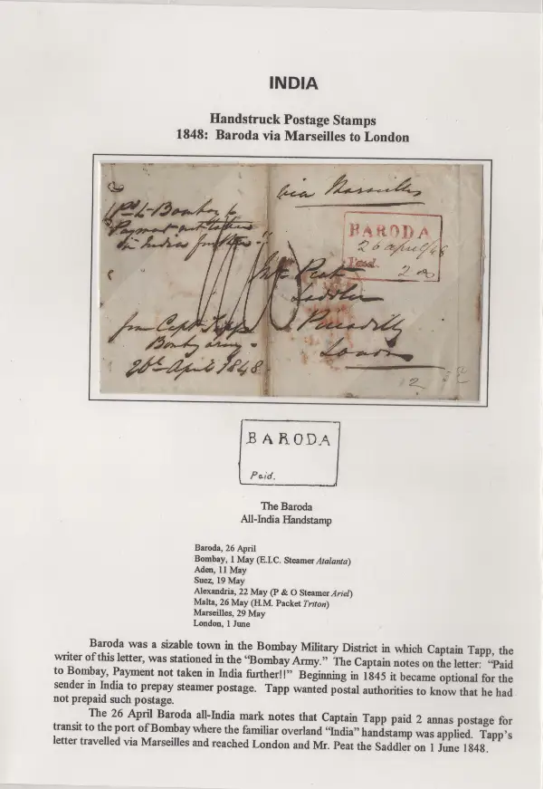 Pre-stamp cover of India — Baroda HG 1, COV-5034, 26 April 1848