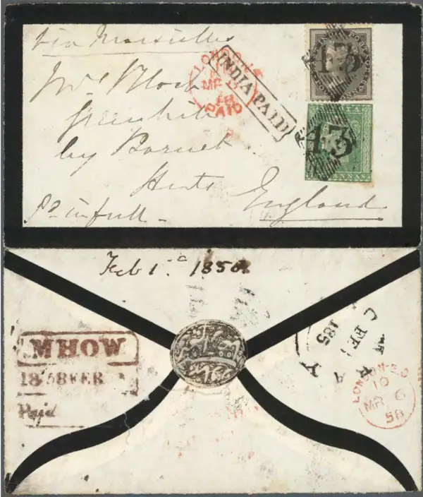 Pre-stamp cover of India — Mhow HG 5, COV-4291, 3 February 1858