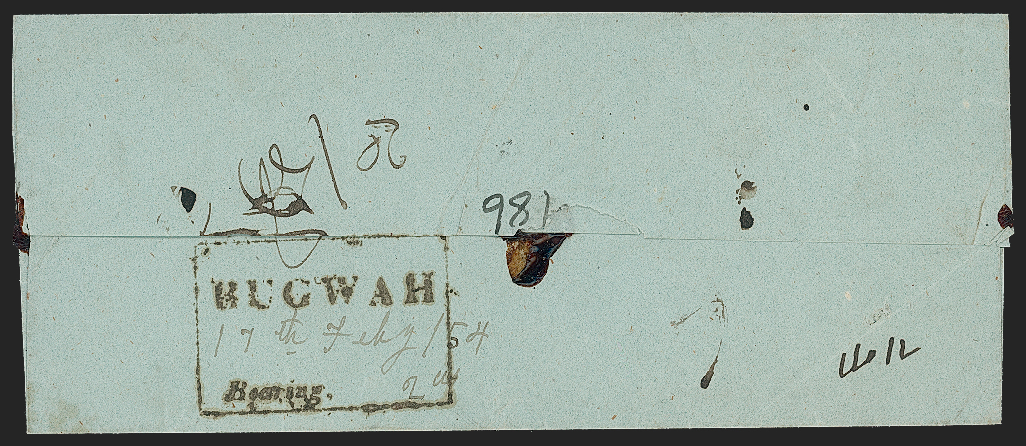 Pre-stamp cover of India — Bugwah HG 2, COV-5261, 17 February 1854