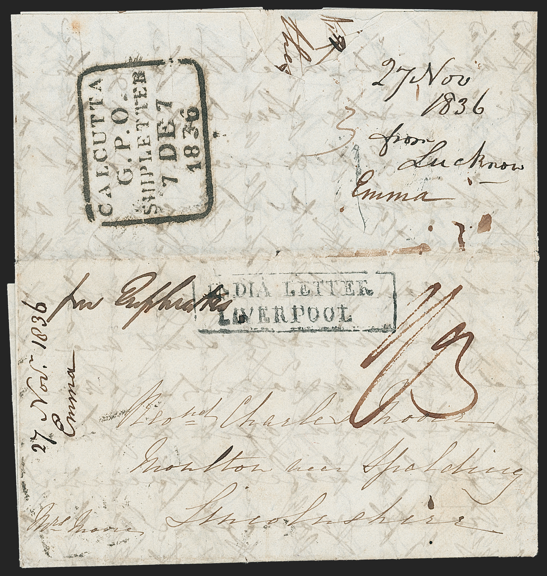 Pre-stamp cover of India — Calcutta SD10, COV-5271, 27 November 1836