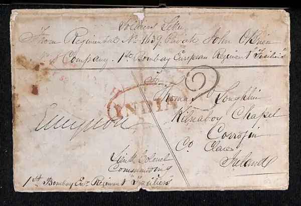 Pre-stamp cover of India — Poona HG 11, COV-4838, 14 February 1852