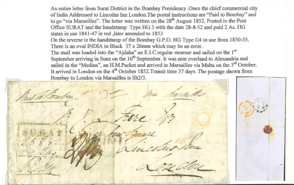 Pre-stamp cover of India — Surat HG 3, COV-5003, 28 August 1852
