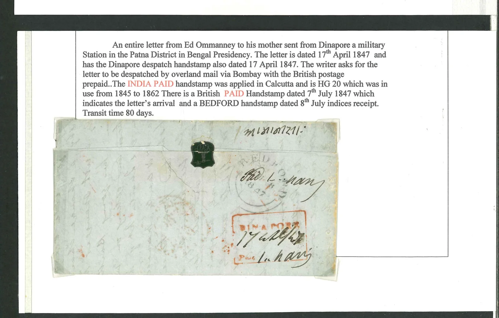 Pre-stamp cover of India — Dinapore HG 4, COV-5010, 17 April 1847