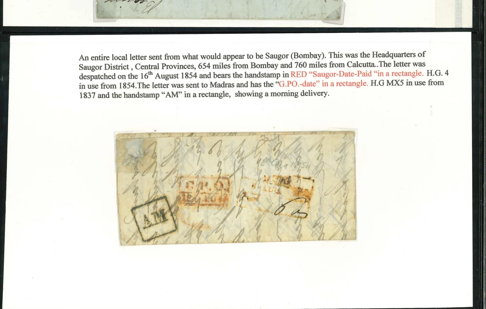 Pre-stamp cover of India — Saugor HG 4, COV-5013, 16 August 1854