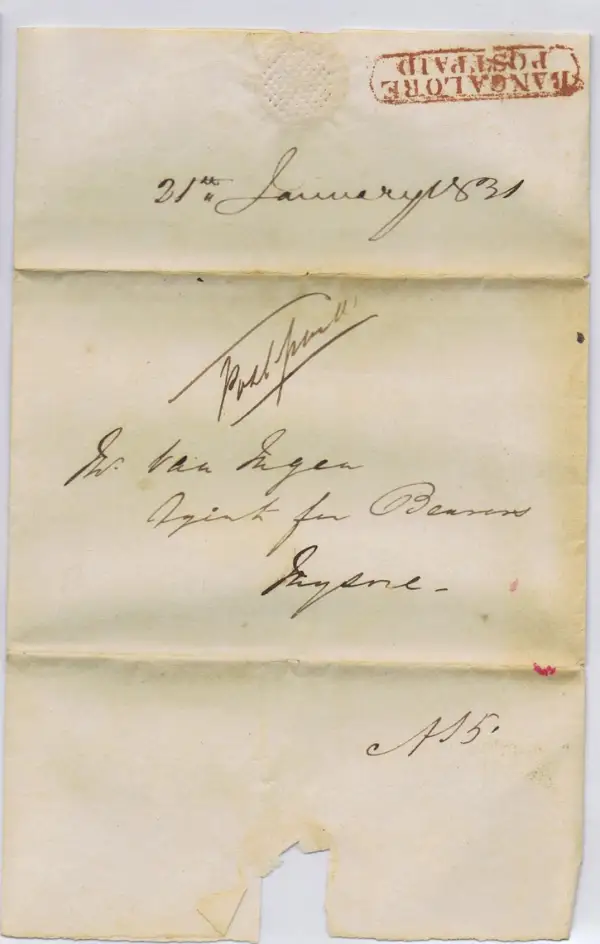 Pre-stamp cover of India — Bangalore HG 6, COV-5030, 21 January 1831