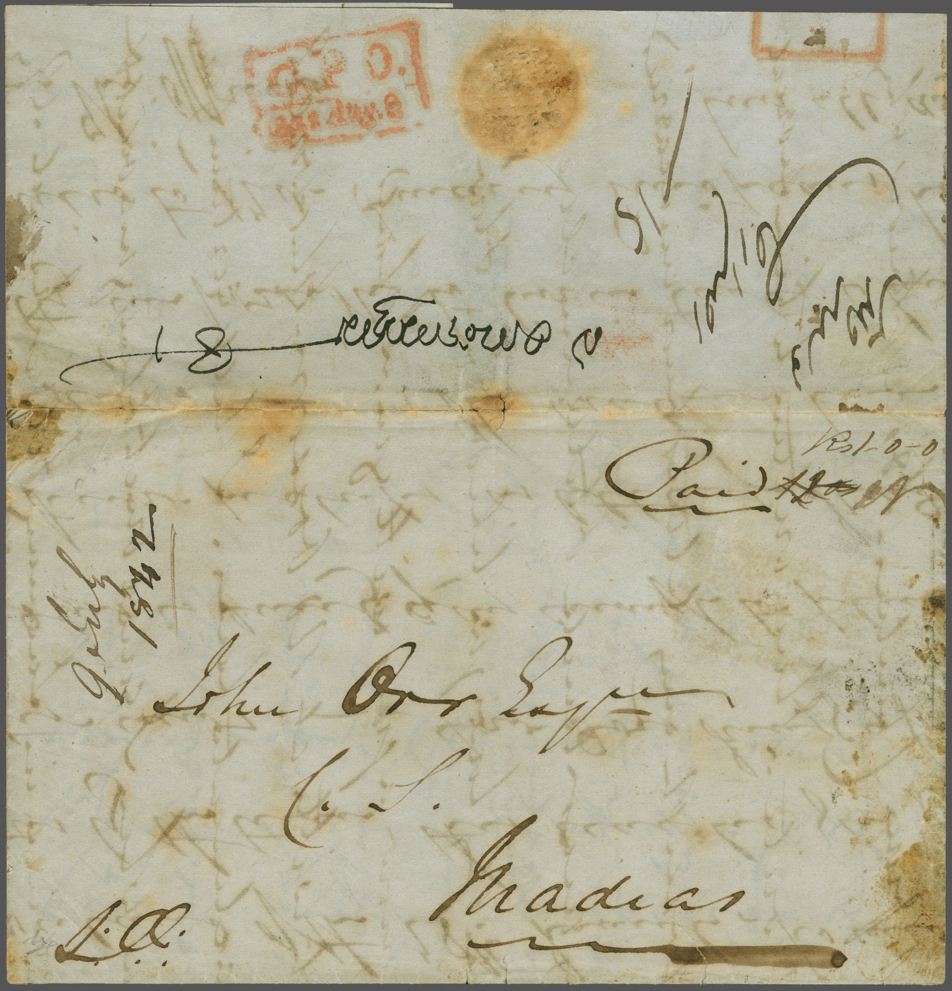 Pre-stamp cover of India — Madras MX5, COV-5126, 9 July 1842