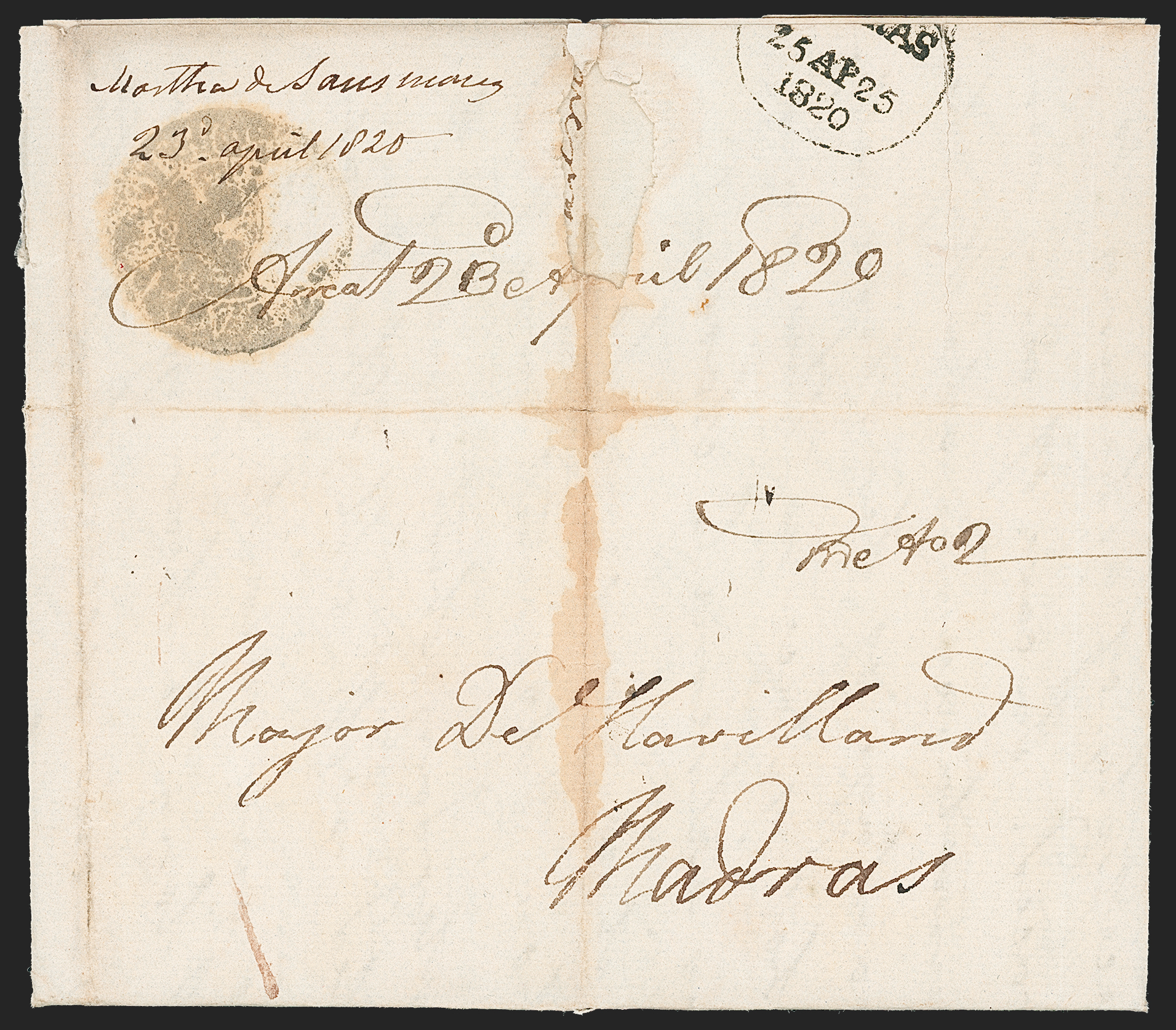 Pre-stamp cover of India — Arcot HG 1A, COV-5339, 20 April 1820