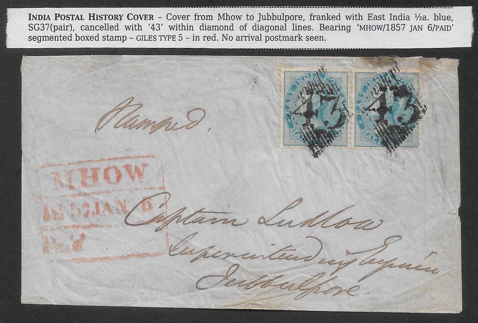 Pre-stamp cover of India — Mhow HG 5, COV-5416, 1857