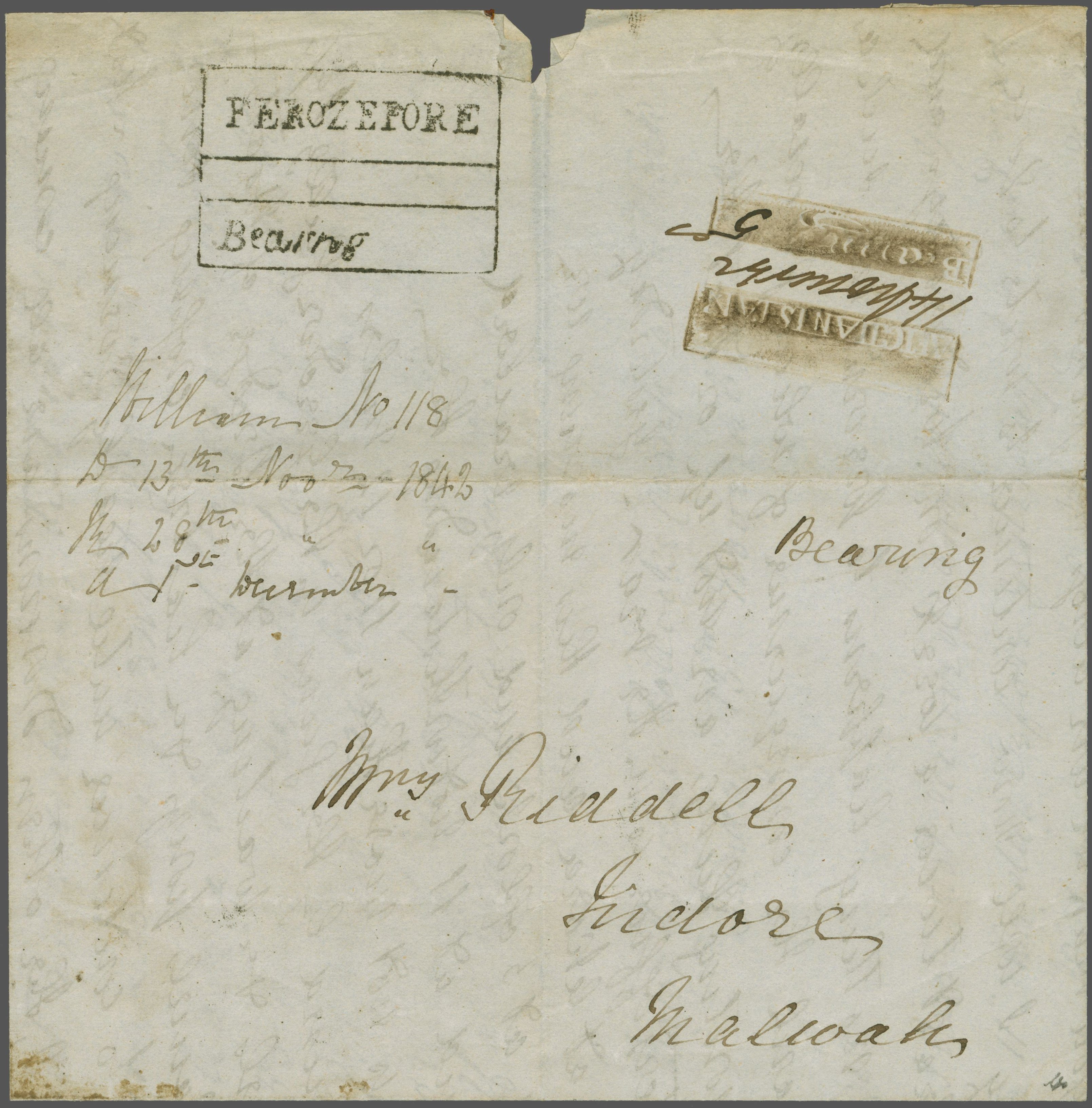 Pre-stamp cover of India — Ferozepore HG 2, COV-5133, 13 November 1842