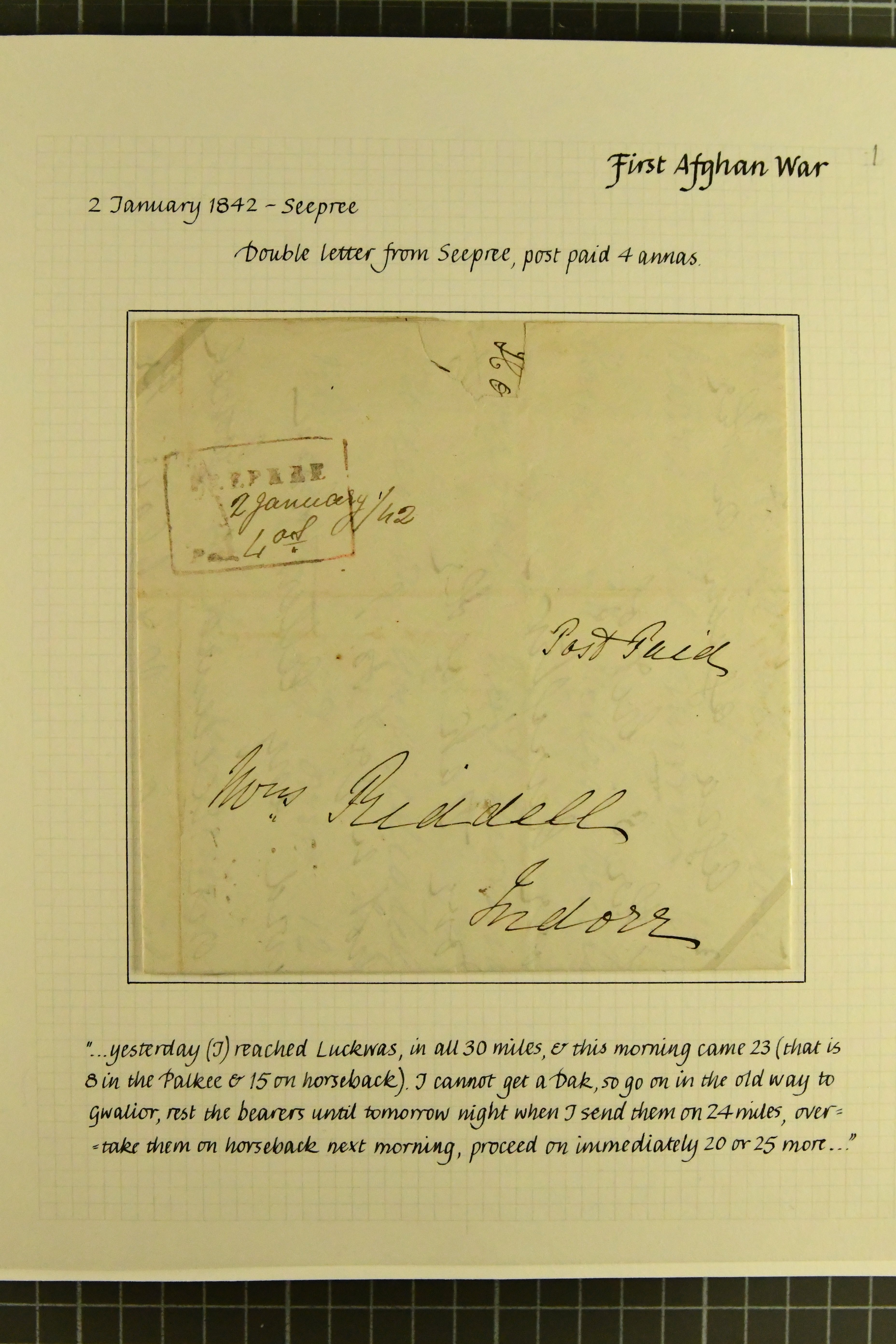 Pre-stamp cover of India — Seepree HG 1, COV-5050, 2 January 1842
