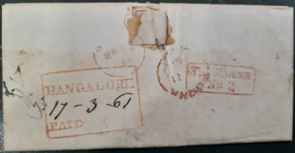 Pre-stamp cover of India — Bangalore HG 14, COV-5423, 17 March 1861