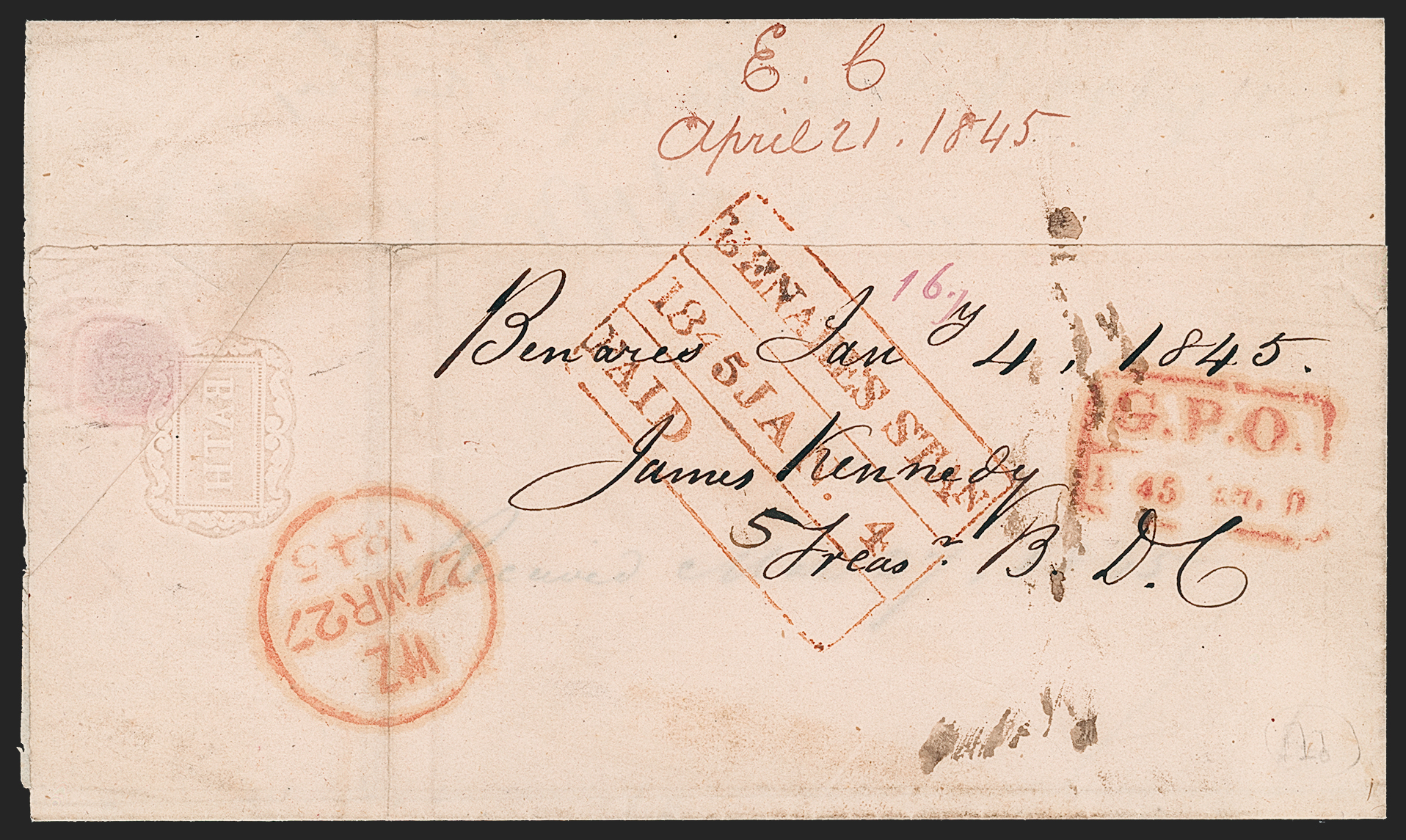 Pre-stamp cover of India — Benares HG 12, COV-5249, 4 January 1845