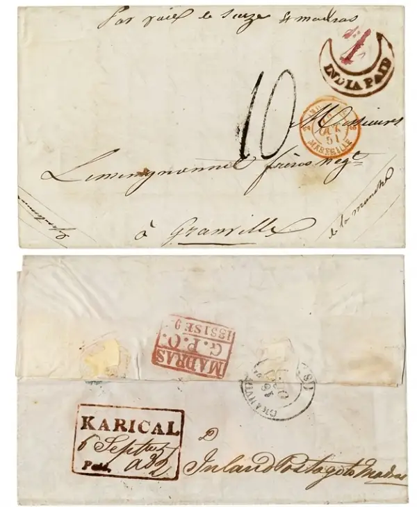 Pre-stamp cover of India — Karical HG 1, COV-4476, 6 September 1852