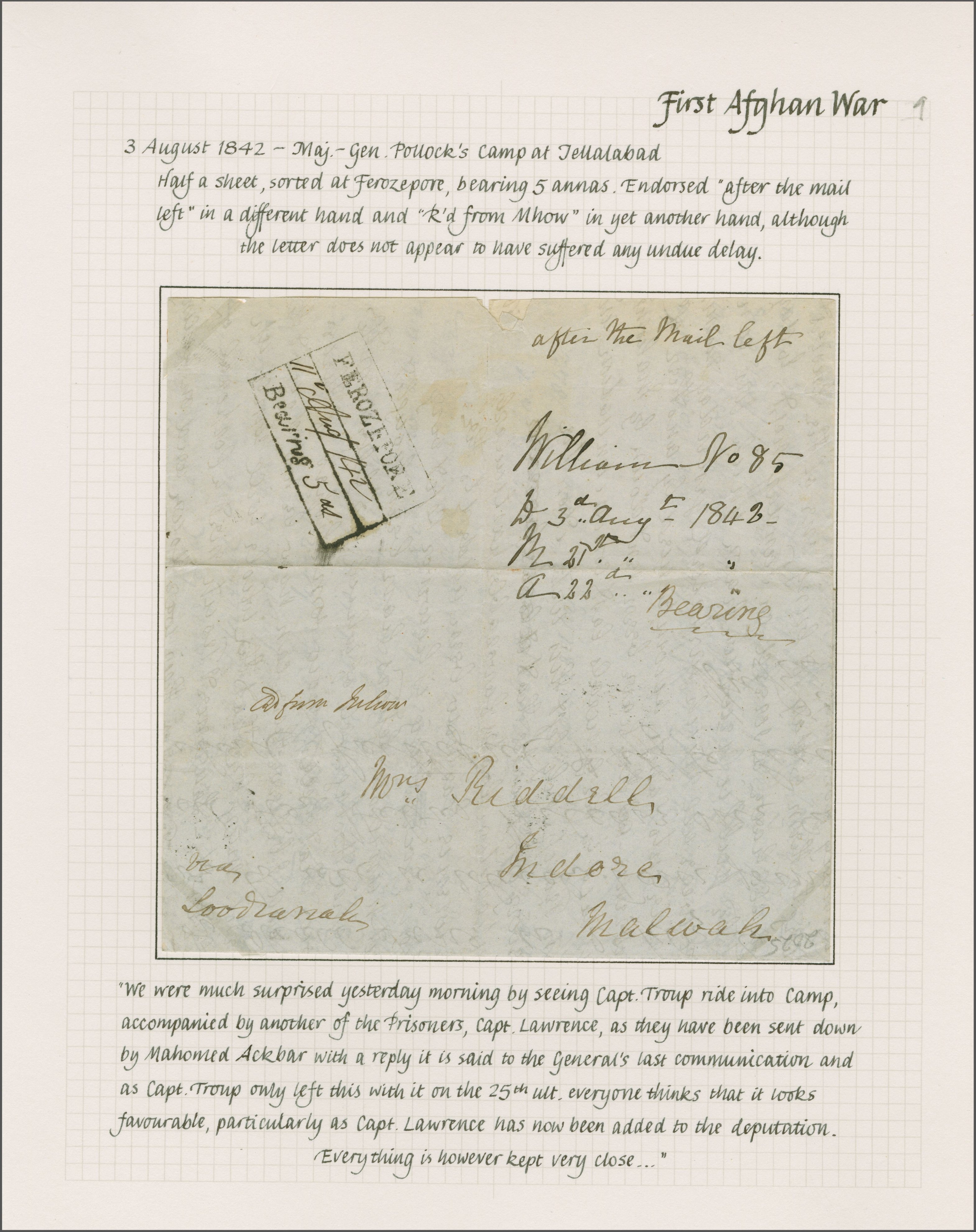 Pre-stamp cover of India — Ferozepore HG 2, COV-5041, 3 August 1842