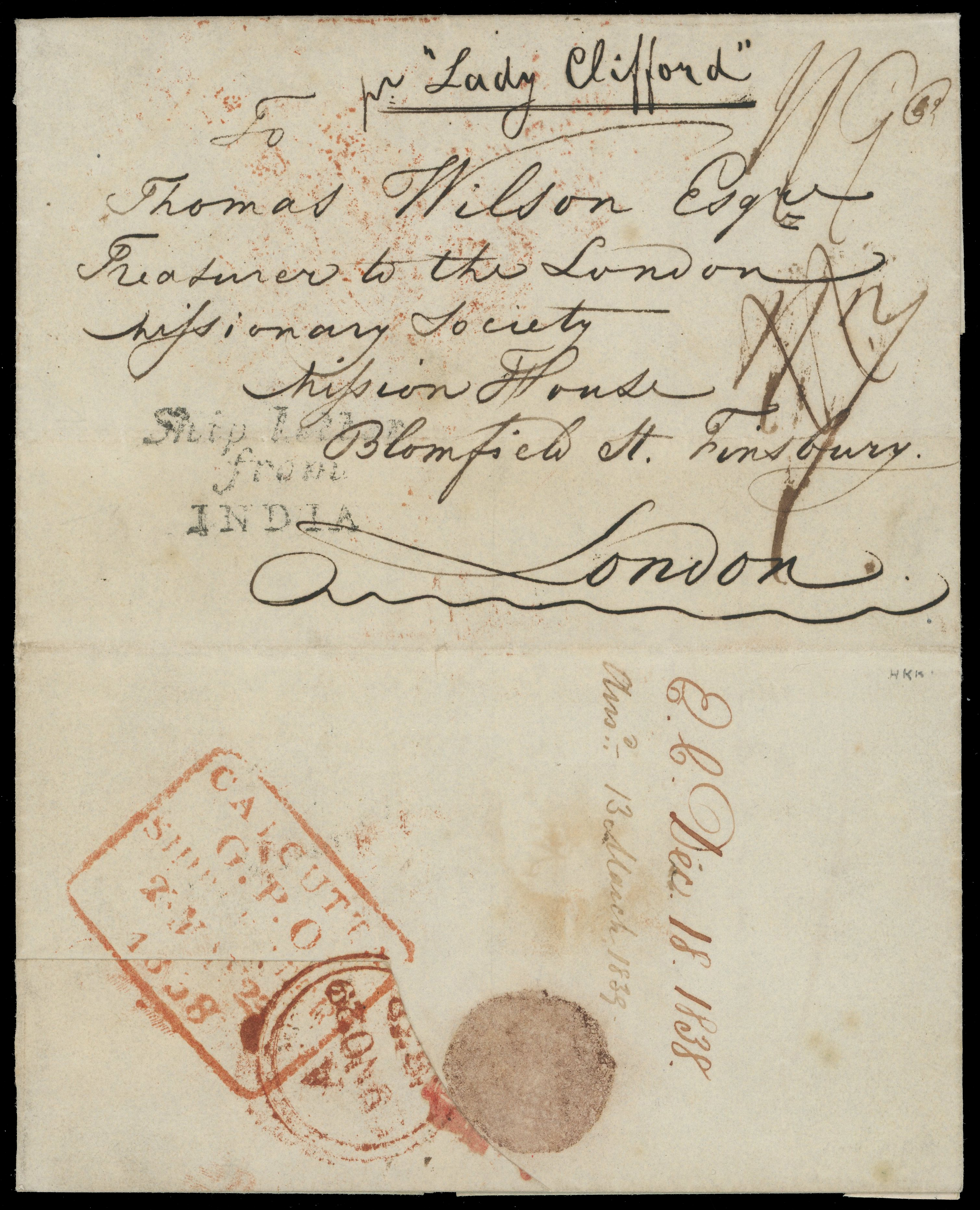 Pre-stamp cover of India — 1838, Calcutta SD11 handstruck folded letter (COV-4947)