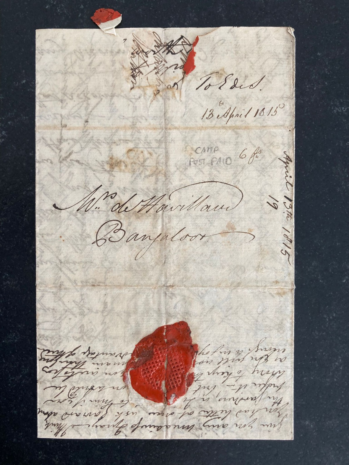 Pre-stamp cover of India — 13 April 1815, Camp HG 2 handstruck folded letter (COV-5212)