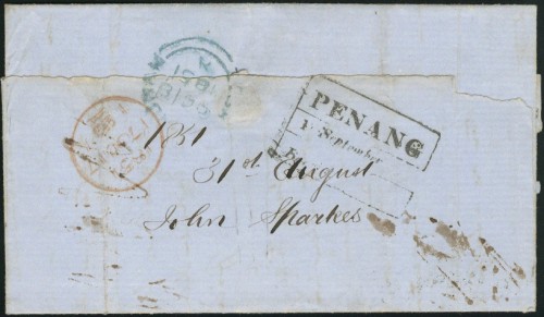 1 September 1851 Penang FP 9 pre stamp cover — COV-4333