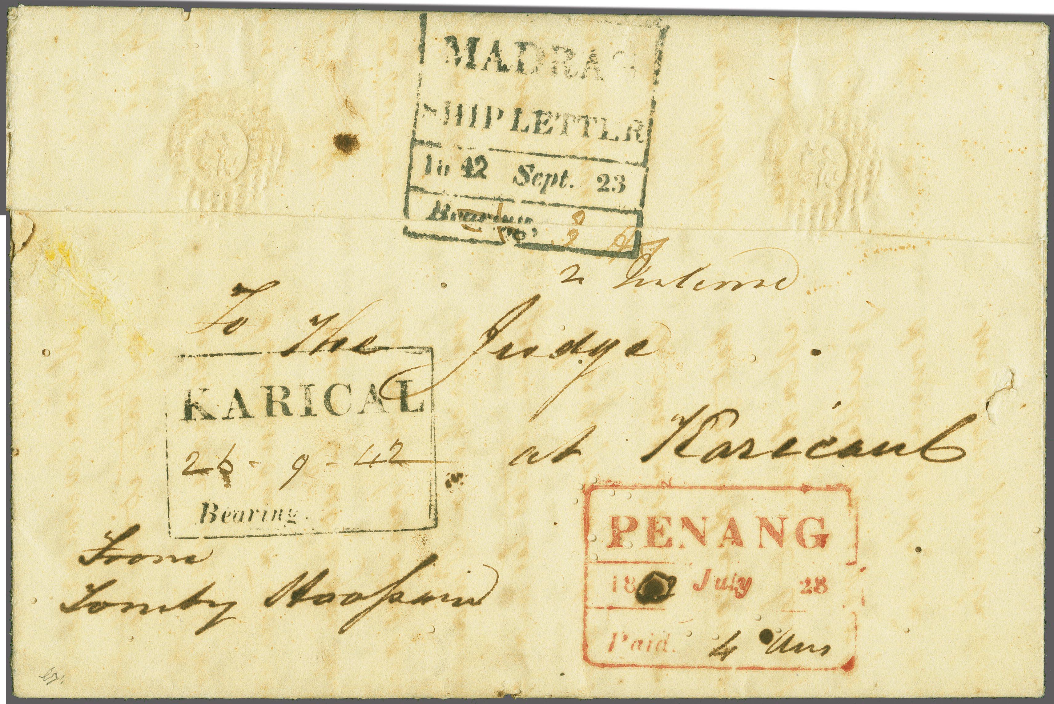 26 September 1842 Karical HG 2 pre stamp cover — COV-608