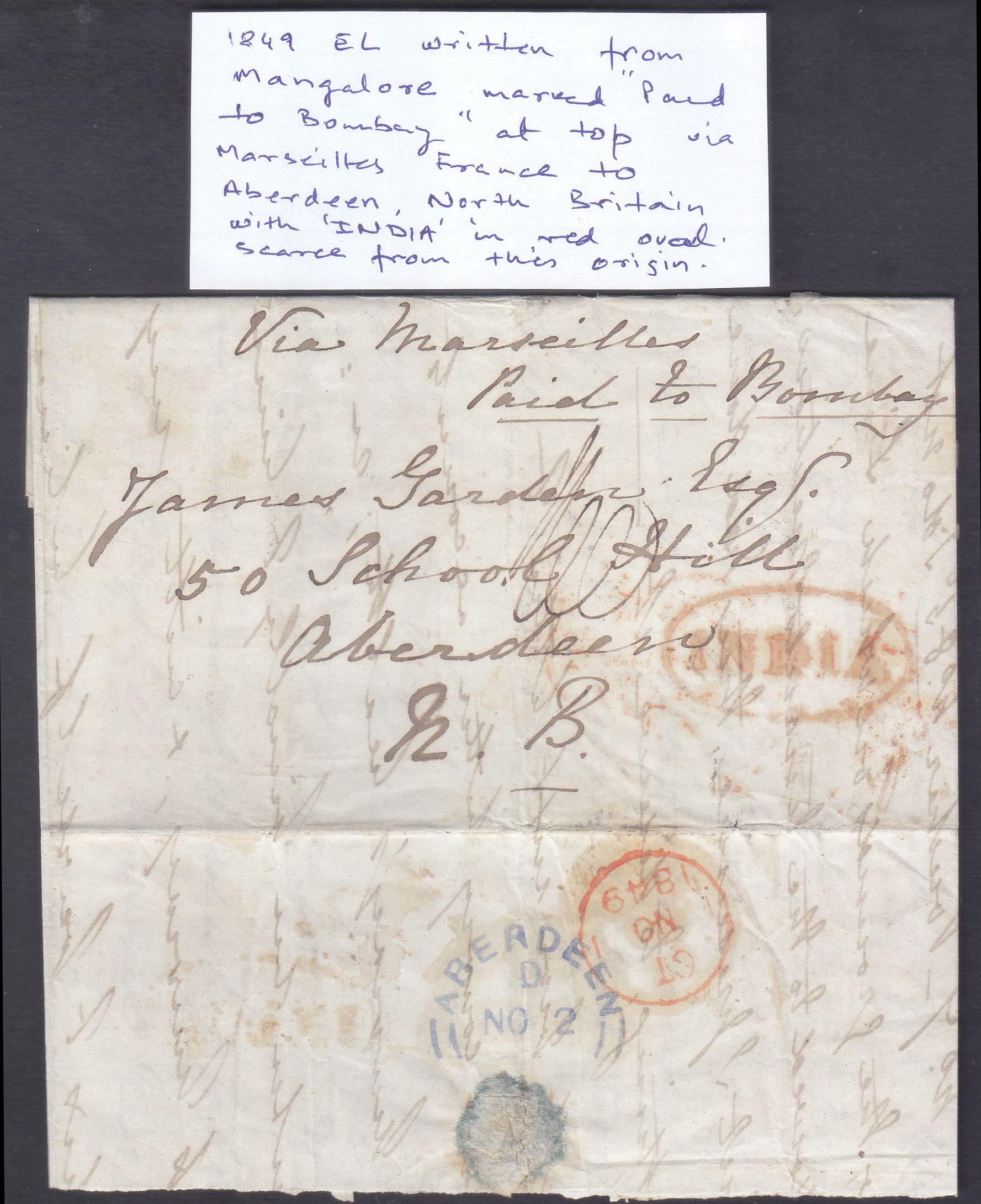 1849 Bombay SD7 pre stamp cover — COV-3704
