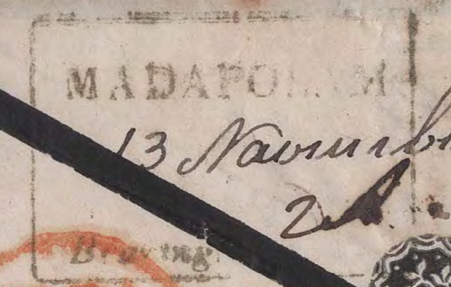 Madapolum HG 1 — pre-1854 Indian handstamp, 1854, Red