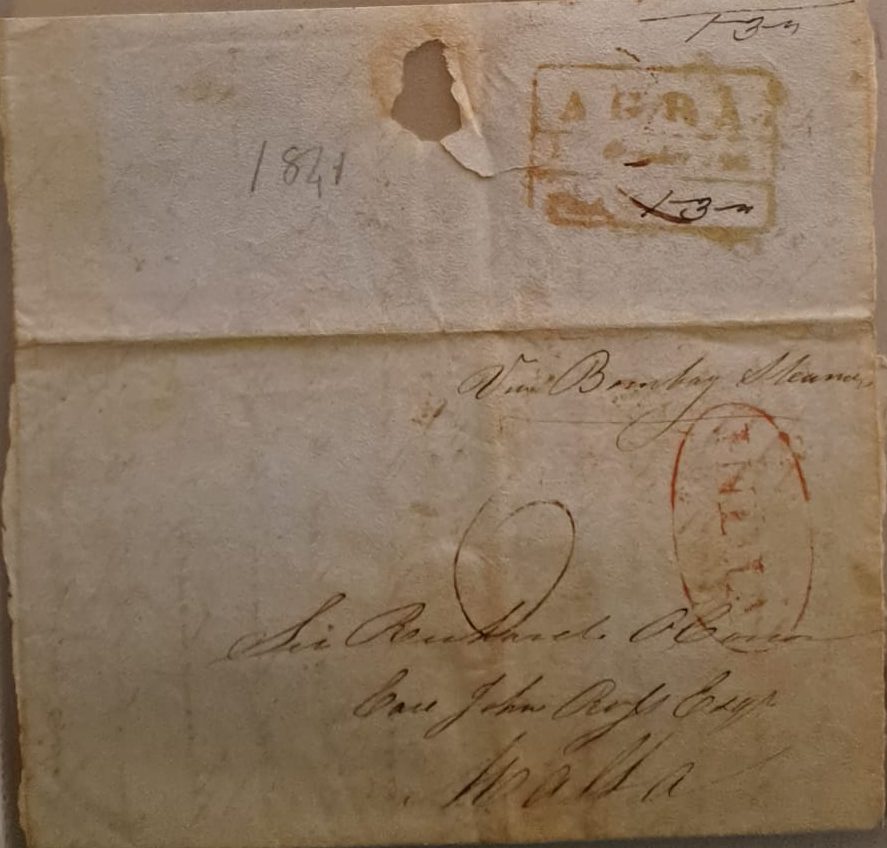 Pre-stamp cover of India — 1841, Agra HG 6 handstruck folded letter (COV-5427)