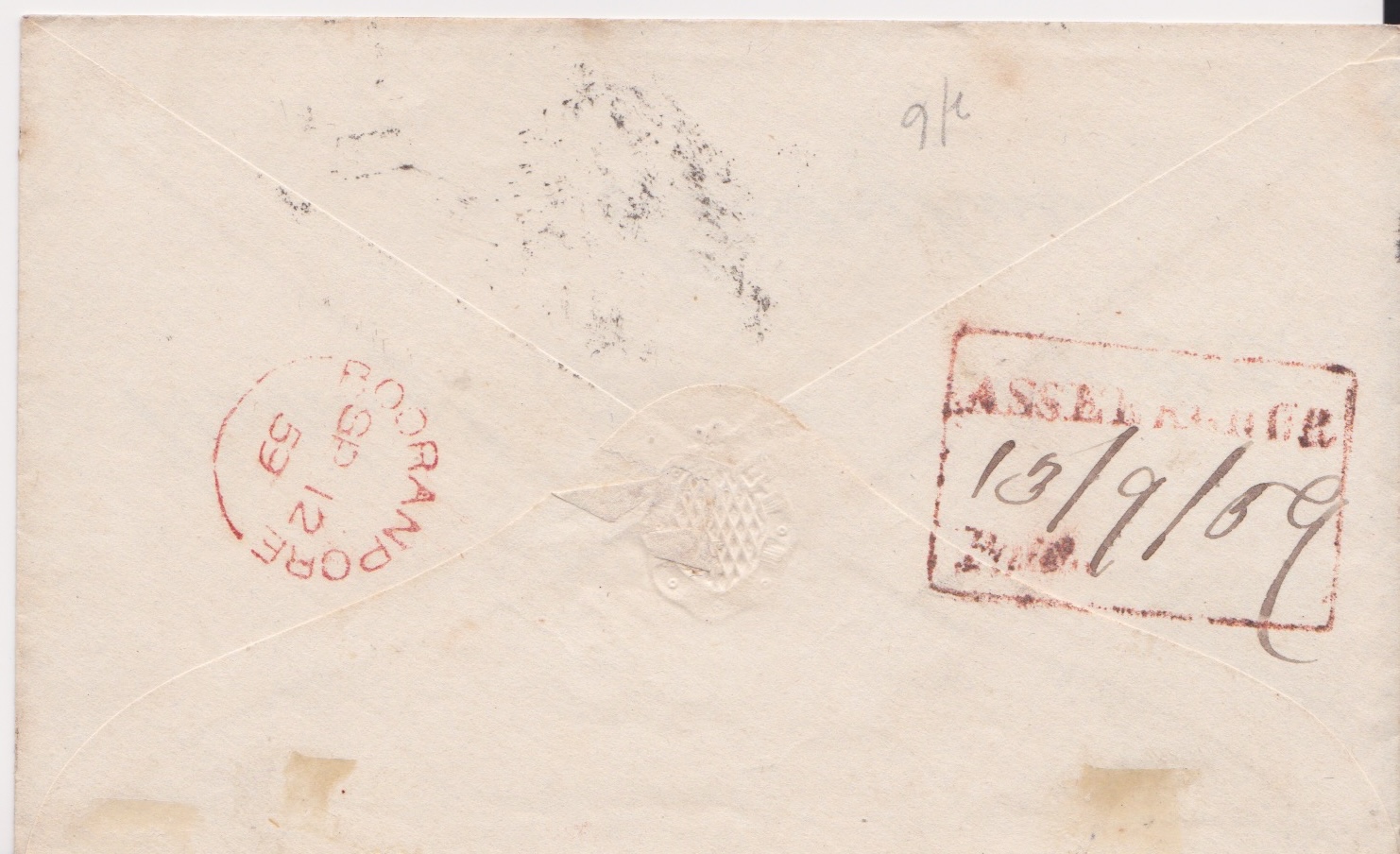 Pre-stamp cover of India — 13 September 1859, Assurghur HG 2 handstruck folded letter (COV-5418)