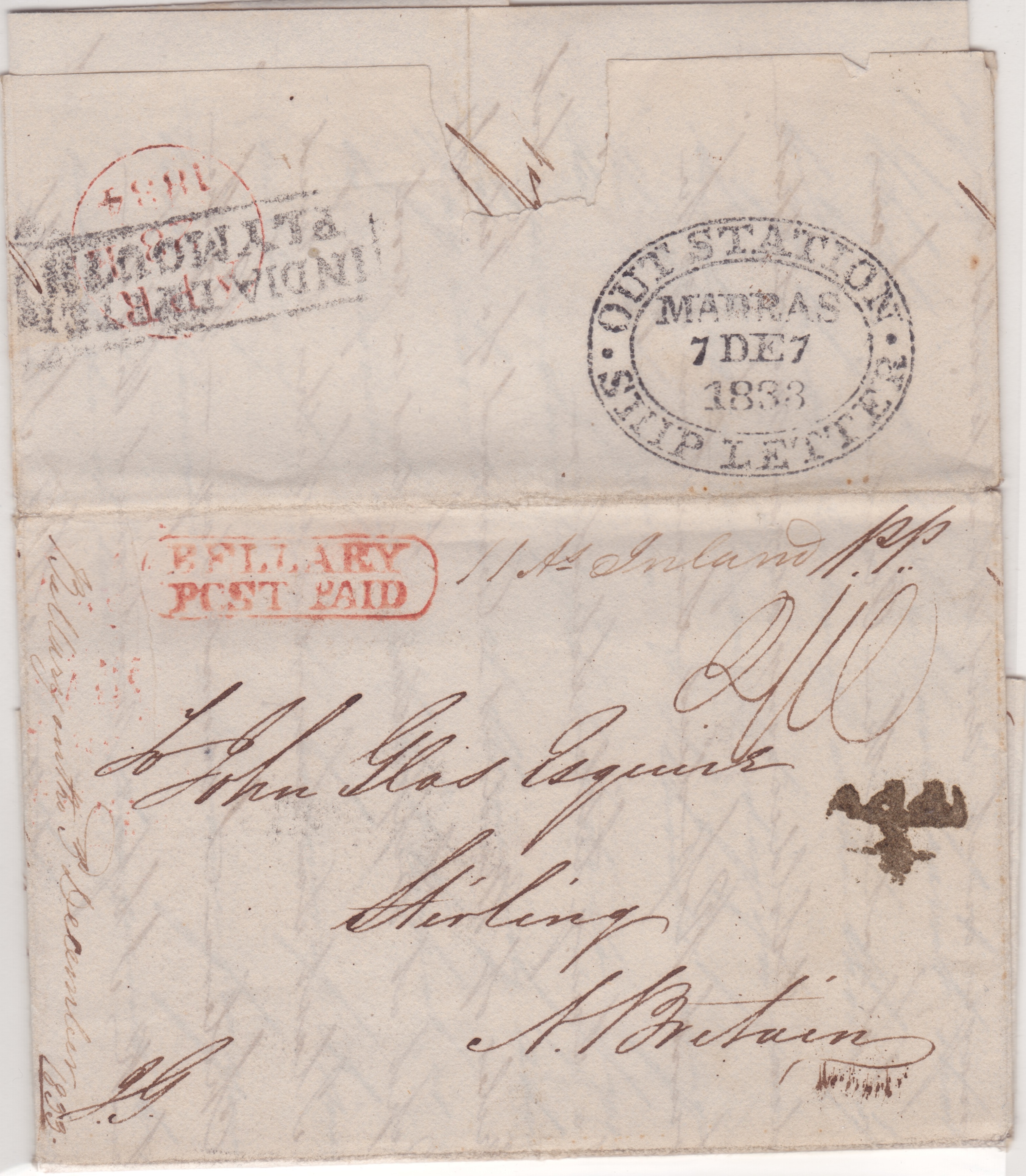 3 December 1833 Bellary HG 4 pre stamp cover — COV-3814