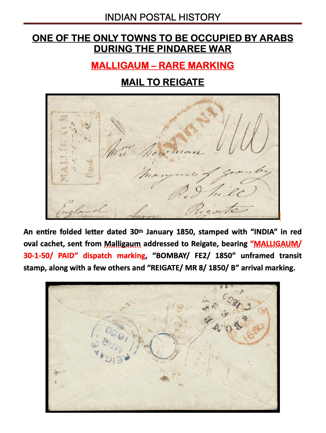 30 January 1850 Mallegaum HG 2 pre stamp cover — COV-3960