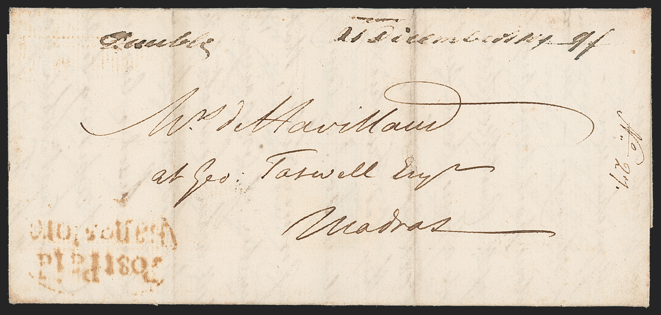 Pre-stamp cover of India — 21 December 1809, Bangalore HG 2 handstruck folded letter (COV-5240)