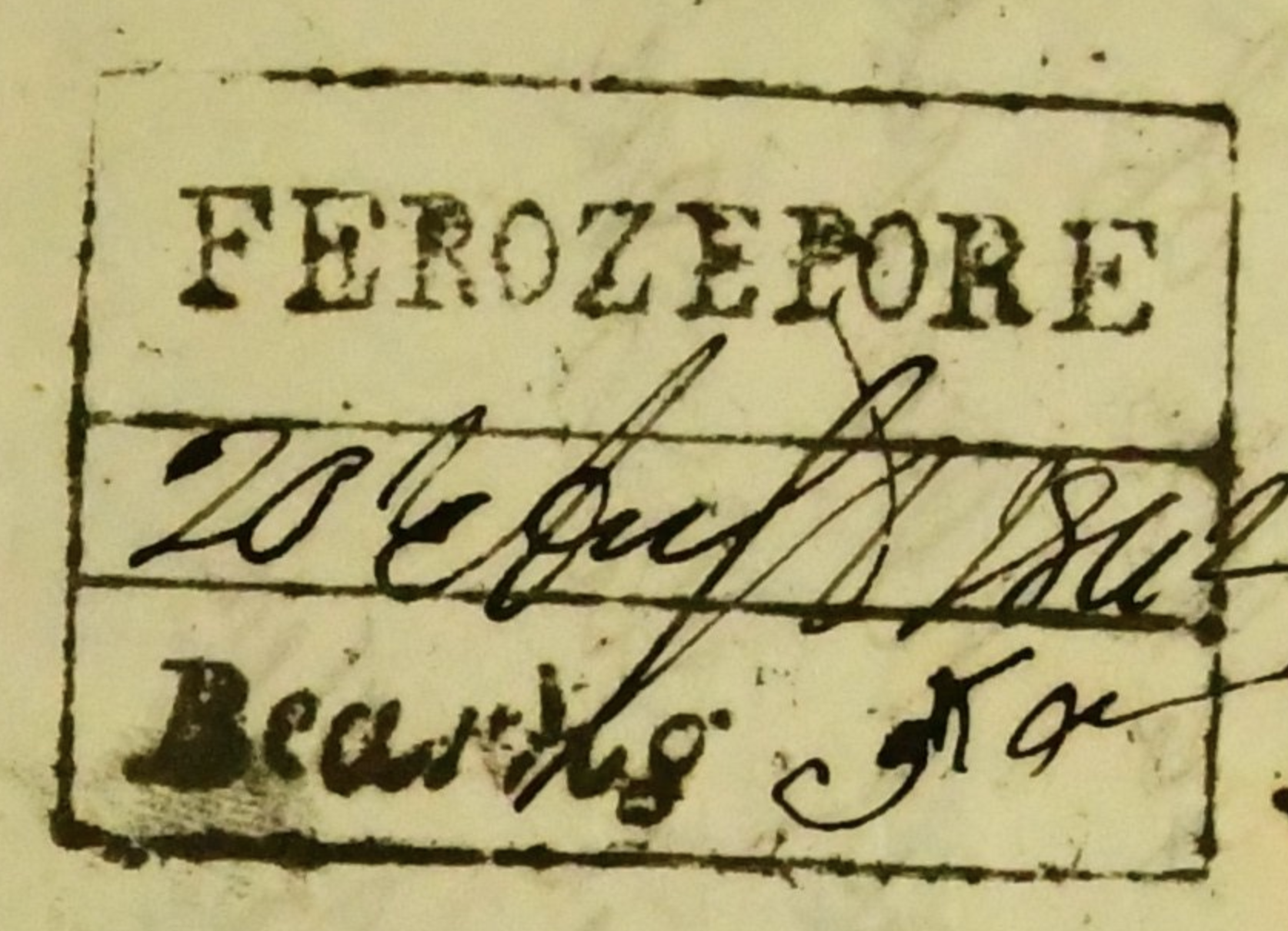 Handstruck stamp of India — Ferozepore HG 2 pre-1854 handstamp