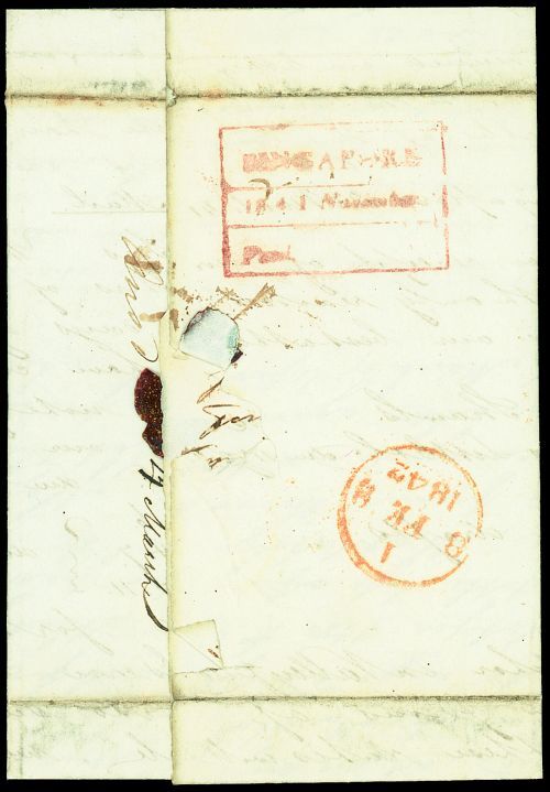 Pre-stamp cover of India — 1841, Singapore FP 5 handstruck folded letter (COV-5546)