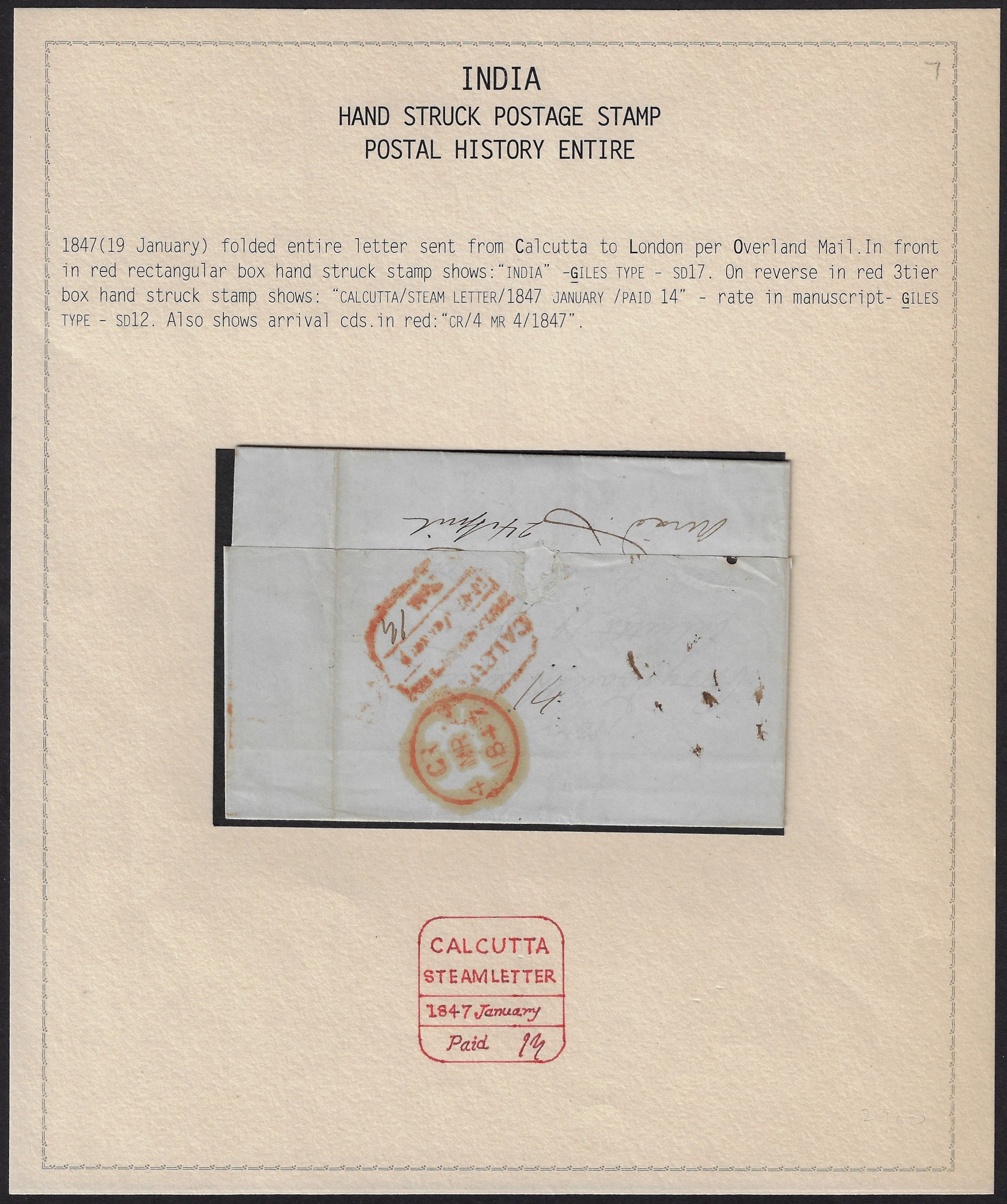 1847 Calcutta SD12 pre stamp cover — COV-3148