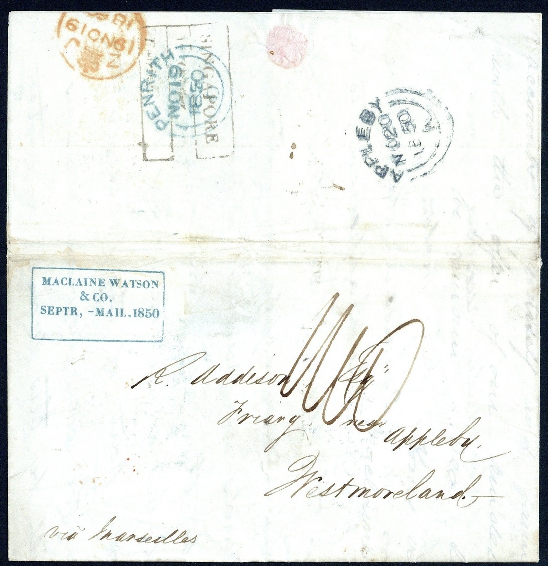 Pre-stamp cover of India — 1850, Singapore FP 5 handstruck folded letter (COV-5522)