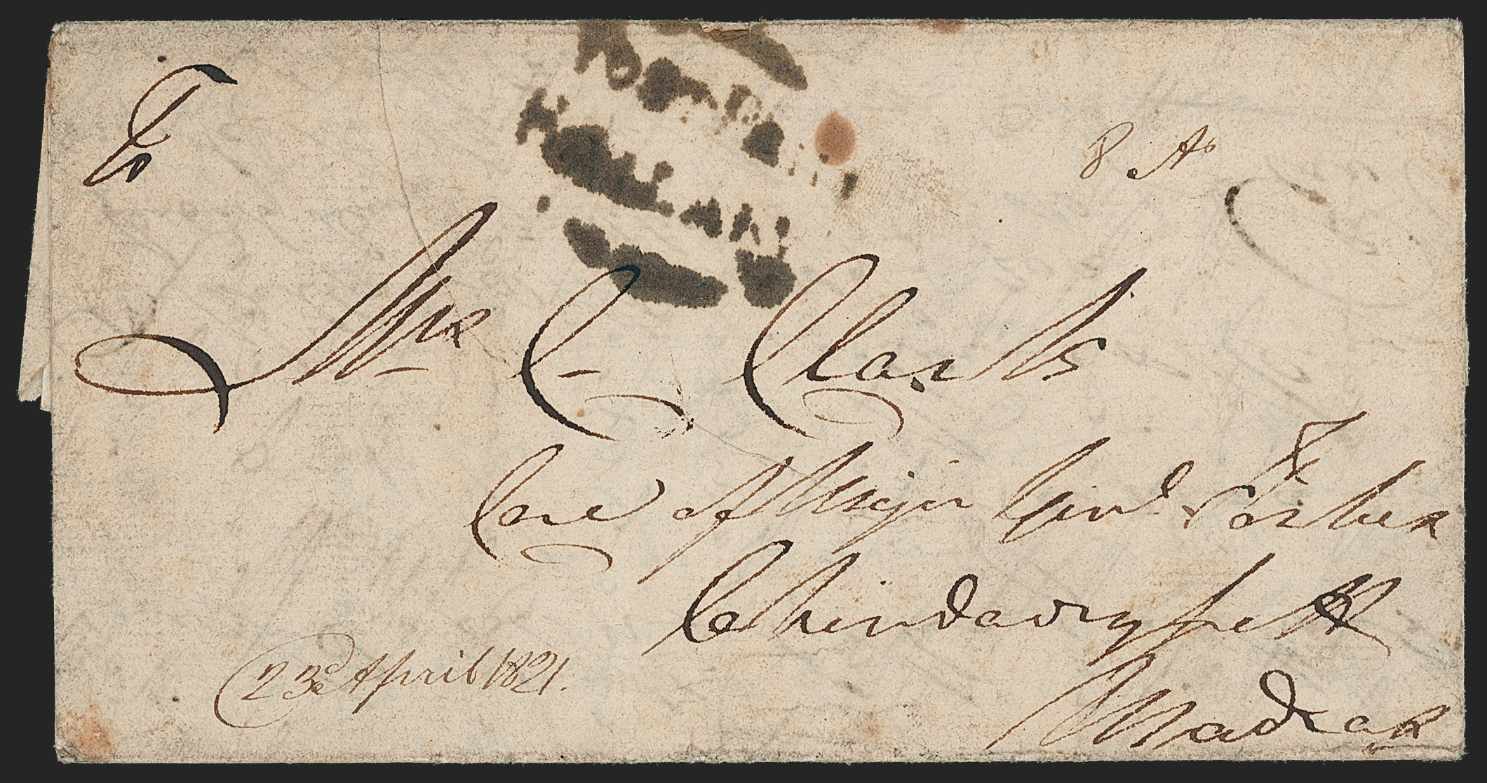 Pre-stamp cover of India — 23 April 1821, Bellary HG 1 handstruck folded letter (COV-5244)