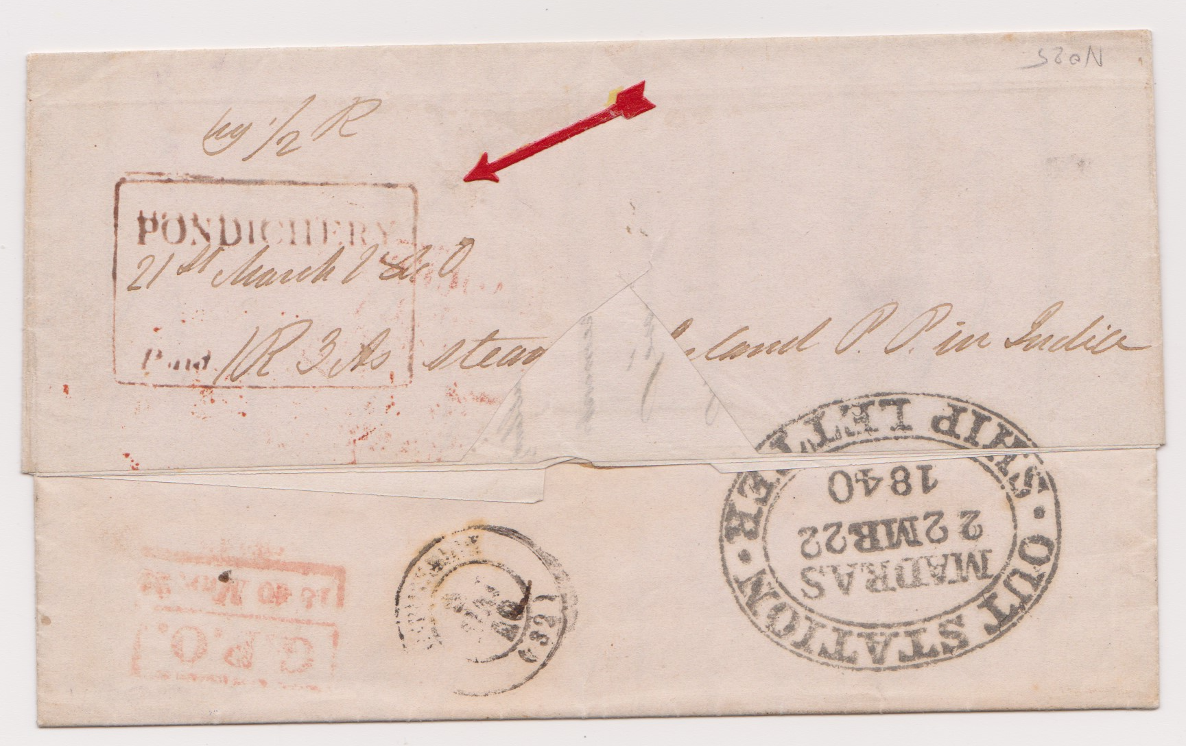 21 March 1840 Pondicherry HG 10 pre stamp cover — COV-4003