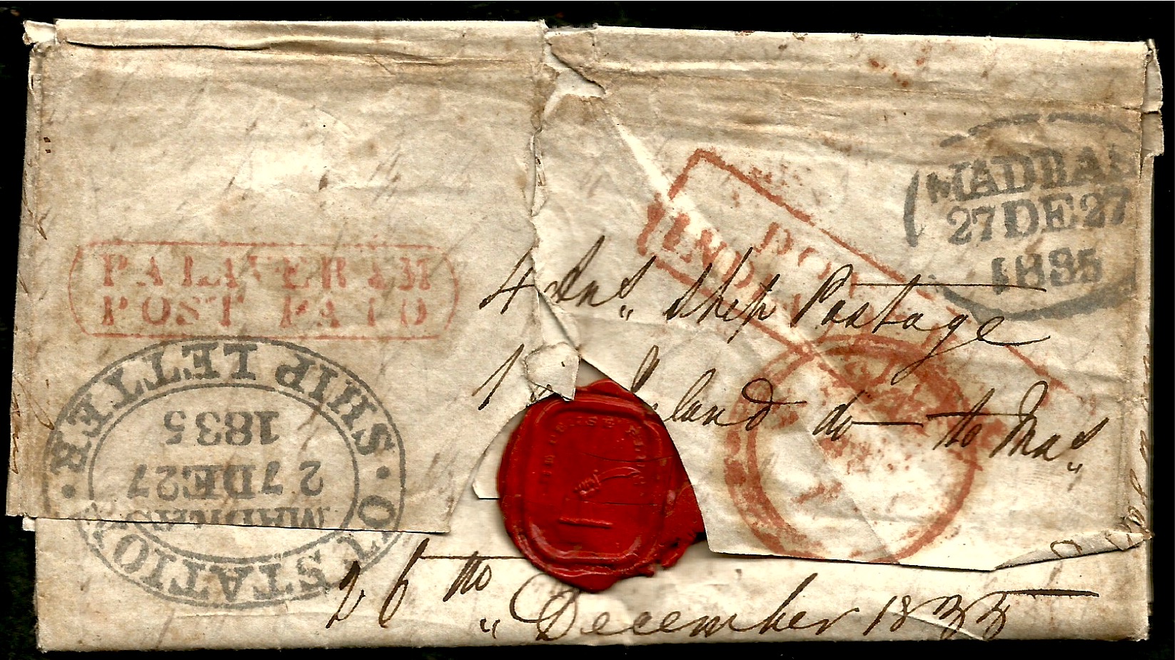 27 December 1835 Palaveram HG 1 pre stamp cover — COV-4203