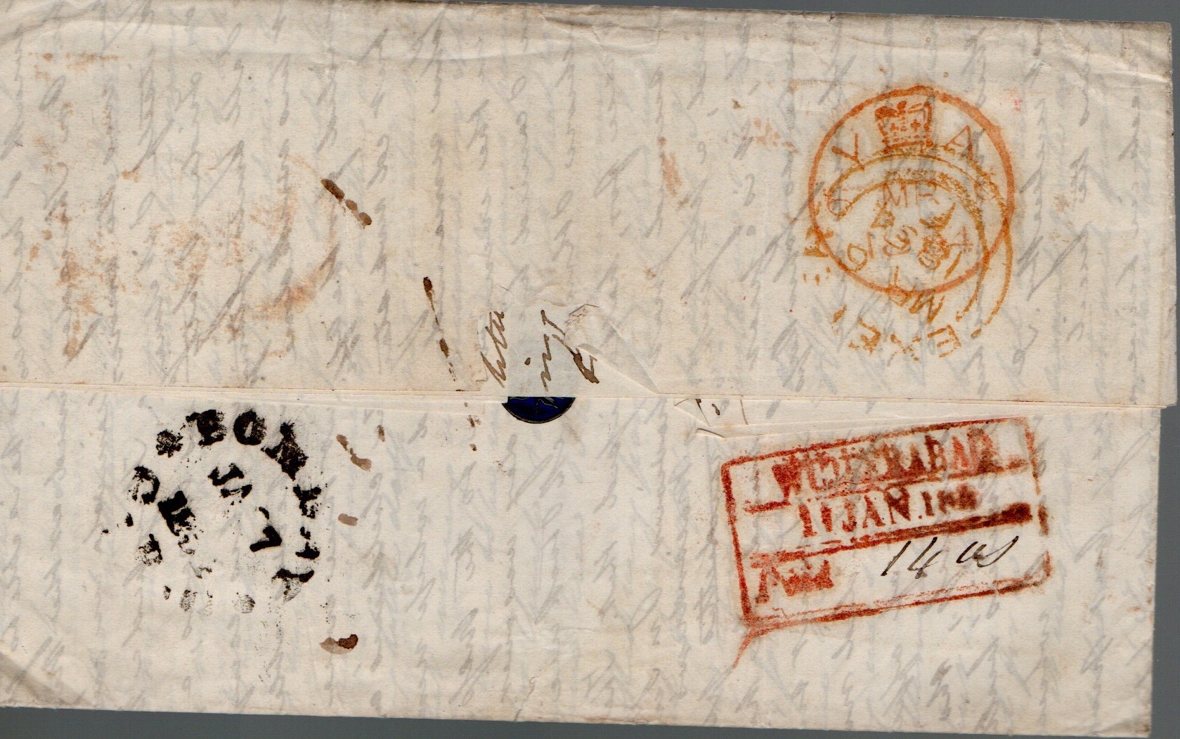 11 January 1854 Wuzeerabad HG 6 pre stamp cover — COV-2888