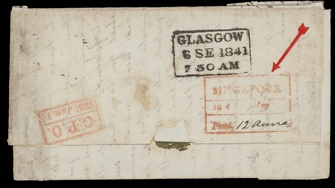 Pre-stamp cover of India — 1841, Singapore FP 5 handstruck folded letter (COV-5510)